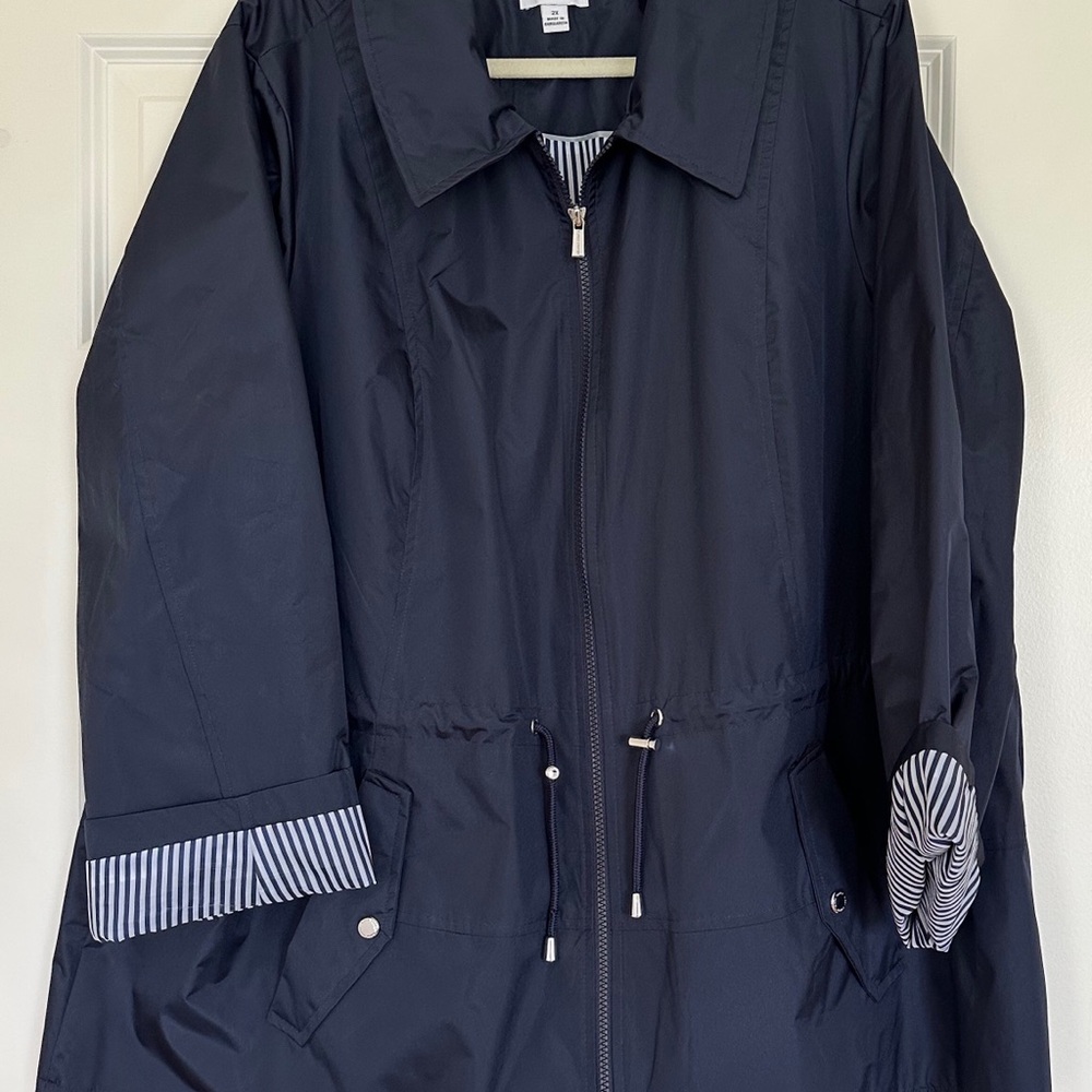 Susan Graver Navy Jacket with Contrast Stripe Lining